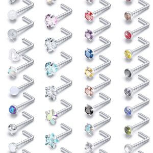 Prjndjw 20G Nose Rings Studs Surgical Steel Nose Studs Glow Dark Heart Opal CZ Flower Nose Piercing Jewelry Nose Rings for Women Straight Bend L Shaped Nose Rings 38Pcs 6.5mm Nose Piercing Kit