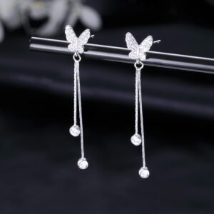 SLUYNZ Sterling Silver CZ Butterfly Pendant Tassel Earrings for Women Teen Girls Butterfly Long Drop Dangle Earrings Butterfly Drop Studs Earrings Tassel Chain (A-Silver)