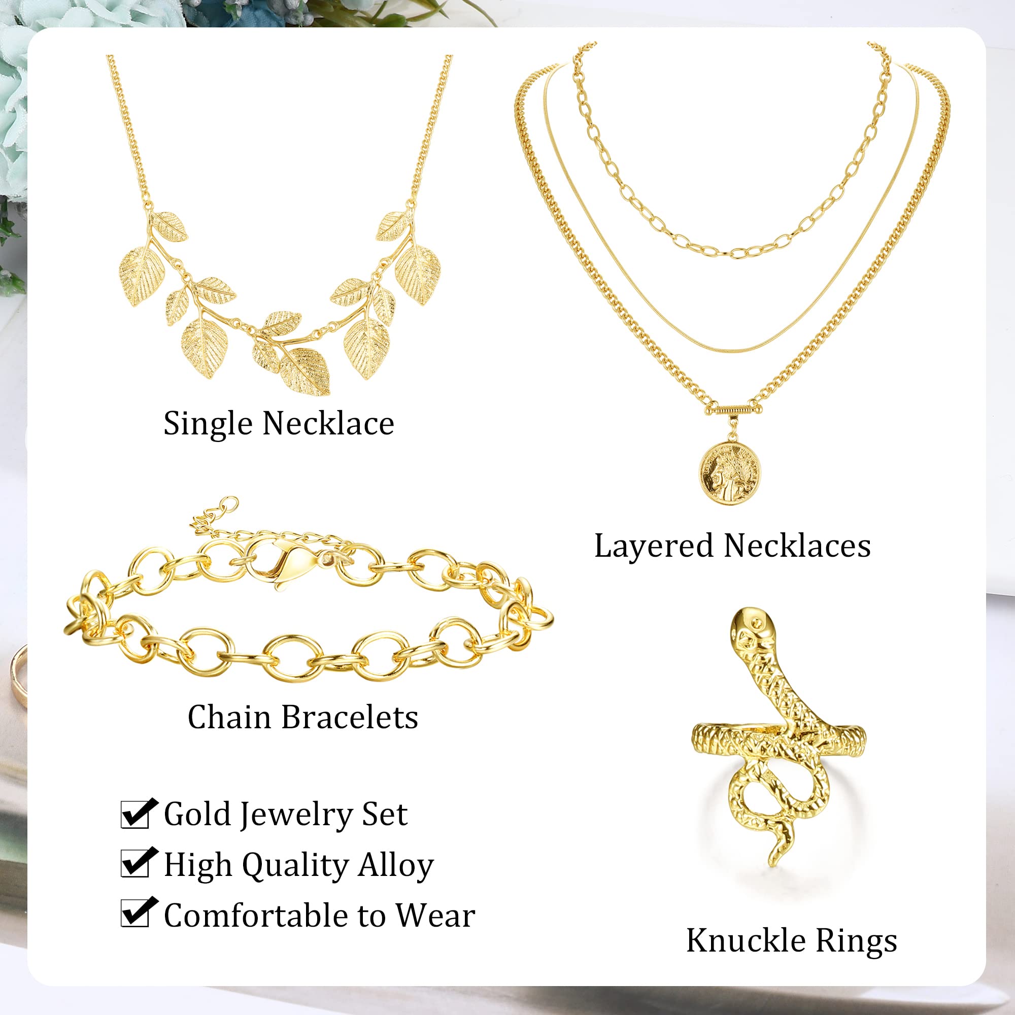 Sanfenly Gold Jewelry Sets for Women Gold Layered Necklaces Chain Bracelets Knuckle Rings Gold Jewelry for Valentine Anniversary Birthday Gift