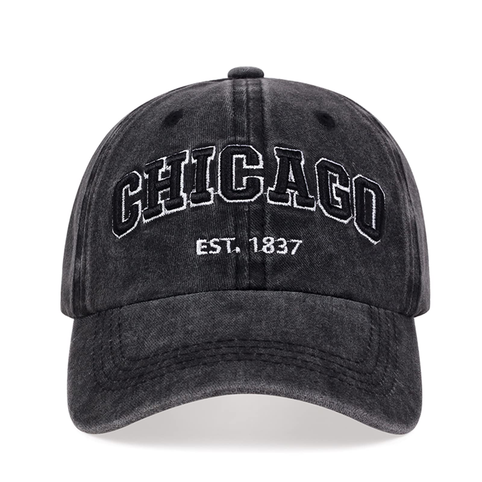 Chicago Hat for Men Women 3D Embroidery Vintage City Dad Hats Baseball Cap Black