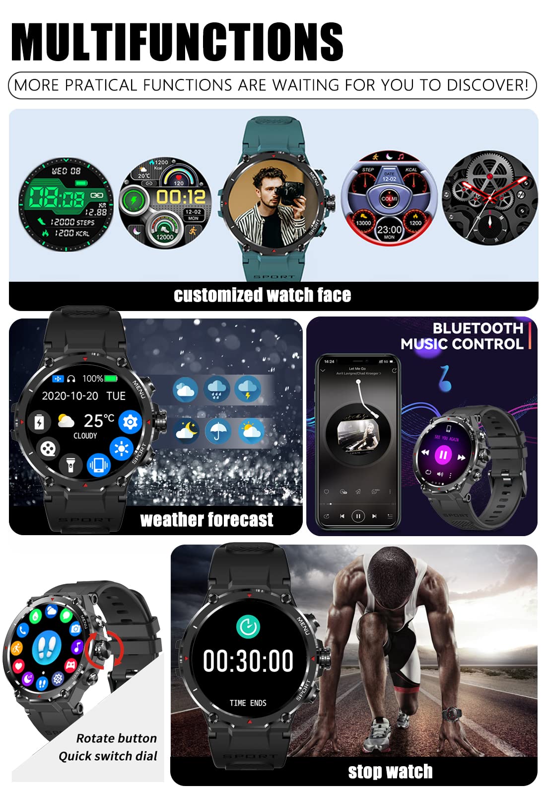 Military Smart Watch for Men Outdoor Rugged Tactical Smartwatch Bluetooth Answer Make Calls 1.32'' HD Fitness Tracker Watch Heart Rate Monitor Sleep Tracker Pedometer for iPhone Android Phones