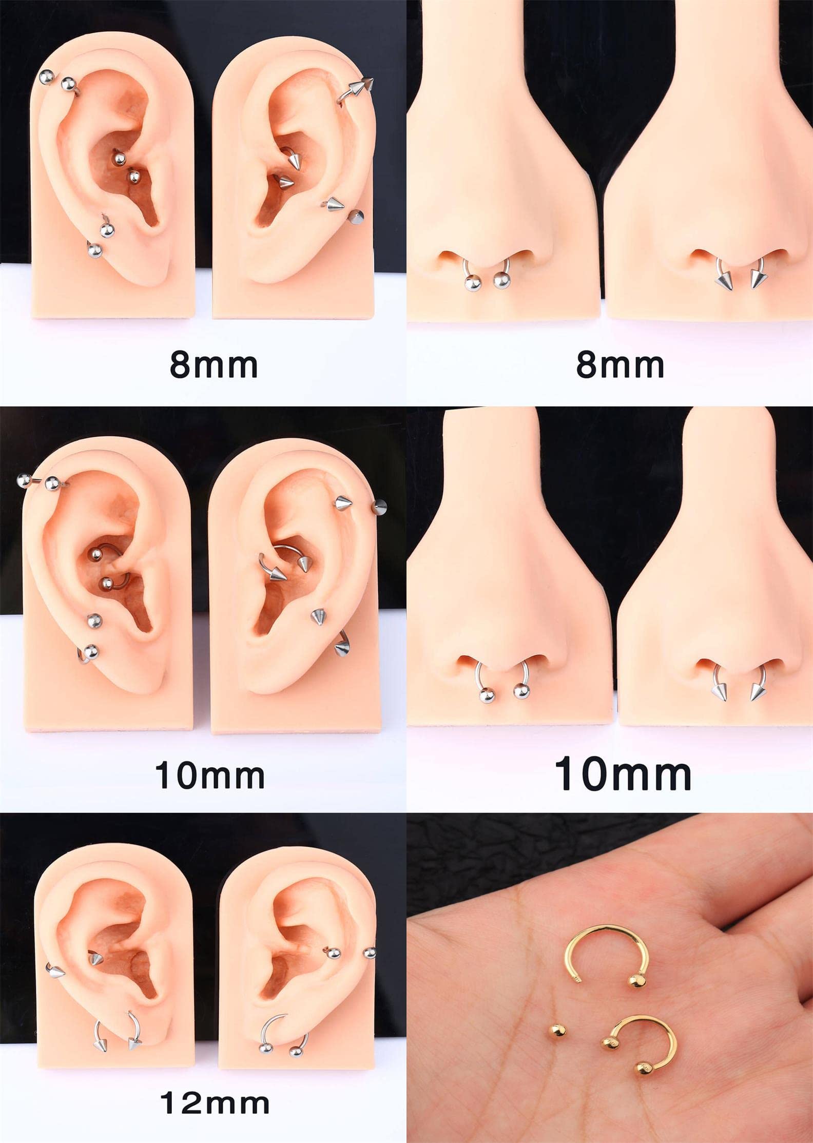 16G Horseshoe Septum Nose Nostril Ring Hoop, 7 Pairs Circular Curved Barbell Externally Threaded, 14K Gold Plated Surgical Steel Small Body Piercing Jewelry Set for Lip Daith Tragus Helix Cartilage Rook Multiple Piercing Smiley ( Ball, 6MM - 14MM)