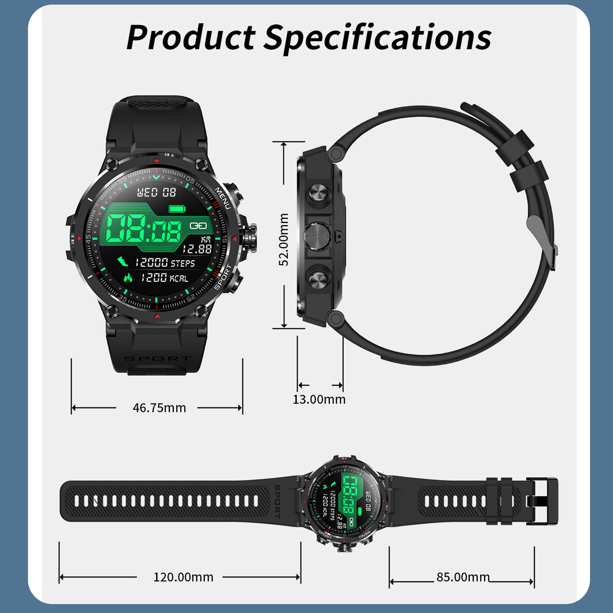 Military Smart Watch for Men Outdoor Rugged Tactical Smartwatch Bluetooth Answer Make Calls 1.32'' HD Fitness Tracker Watch Heart Rate Monitor Sleep Tracker Pedometer for iPhone Android Phones