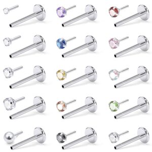 Prjndjw 18G Push Nose Rings Studs Surgical Steel Threadless Nose Studs Straight Bar Nose Rings for Women Men Nostril Piercing Diamond CZ 1.5mm 2mm 2.5mm 3mm Silver 15Pcs Push earrings stud