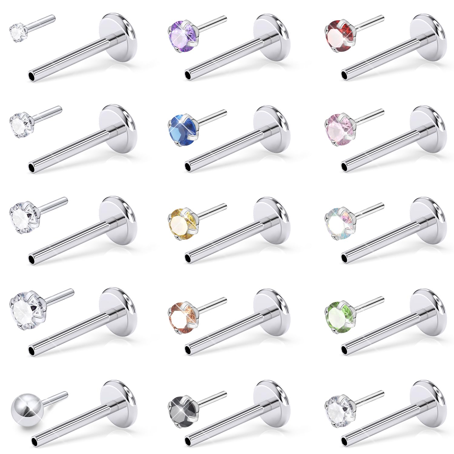 Prjndjw 18G Push Nose Rings Studs Surgical Steel Threadless Nose Studs Straight Bar Nose Rings for Women Men Nostril Piercing Diamond CZ 1.5mm 2mm 2.5mm 3mm Silver 15Pcs Push earrings stud