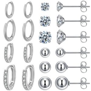 KANOUE 10 Pairs Silver Surgical Steel Earrings Sets for Multiple Piercing Lightweight Small Huggie Hoop Earrings CZ Stud Earrings for Women Trendy Cartilage Hypoallergenic