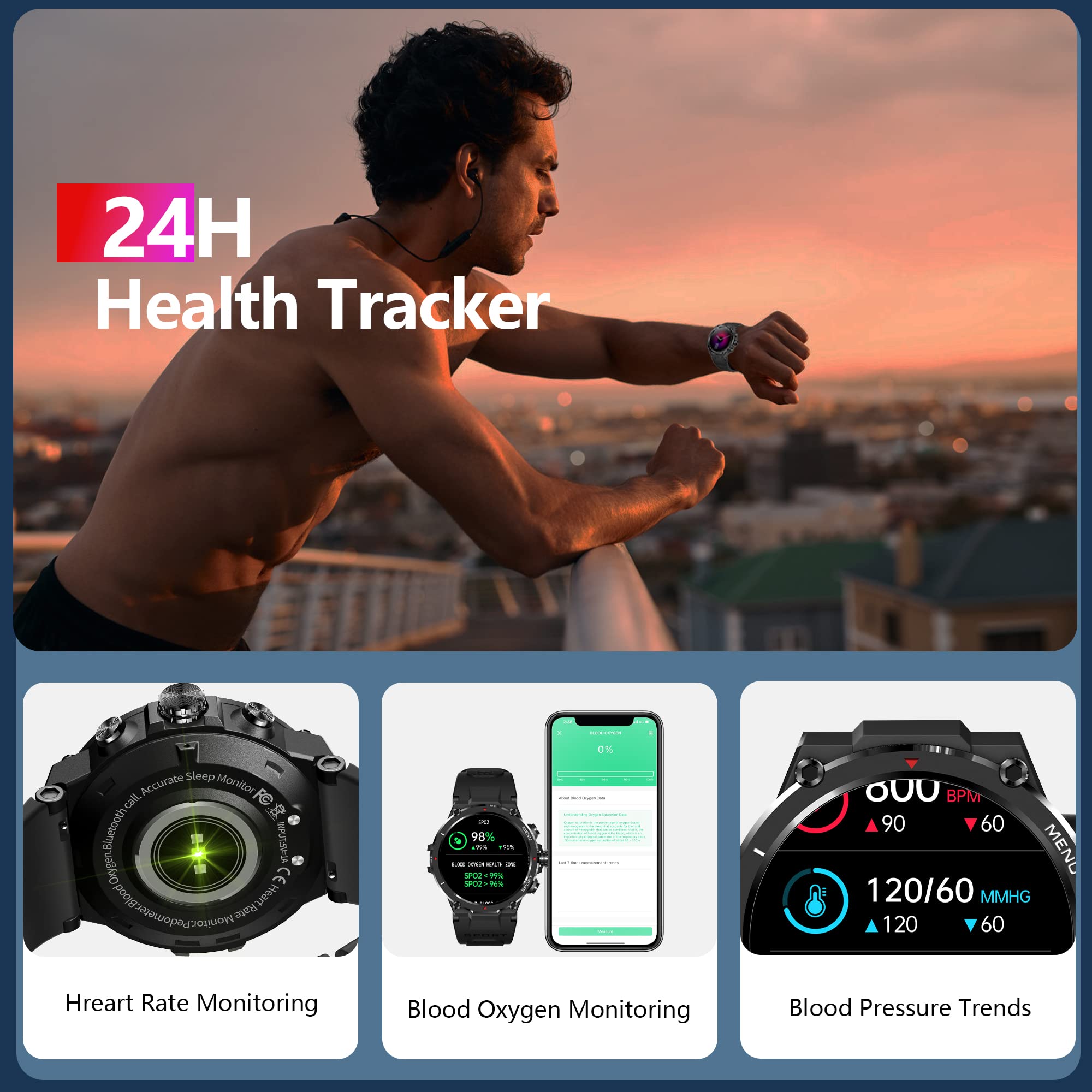 Military Smart Watch for Men Outdoor Rugged Tactical Smartwatch Bluetooth Answer Make Calls 1.32'' HD Fitness Tracker Watch Heart Rate Monitor Sleep Tracker Pedometer for iPhone Android Phones