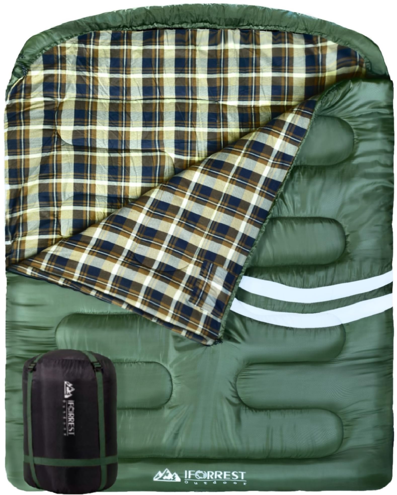 IFORREST Cotton Flannel Double Sleeping Bag for Adults - 10°F Cold Weather Extra-Wide - Winter Camping Bed for Couples (All Seasons) - 2 Person Queen-SizeXXL