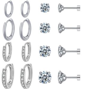 KANOUE 8 Pairs Cartilages Earrings Stud Set Stainless Steel Earrings for Women Flat Back Tiny Cubic Zirconia Stud Hypoallergenic