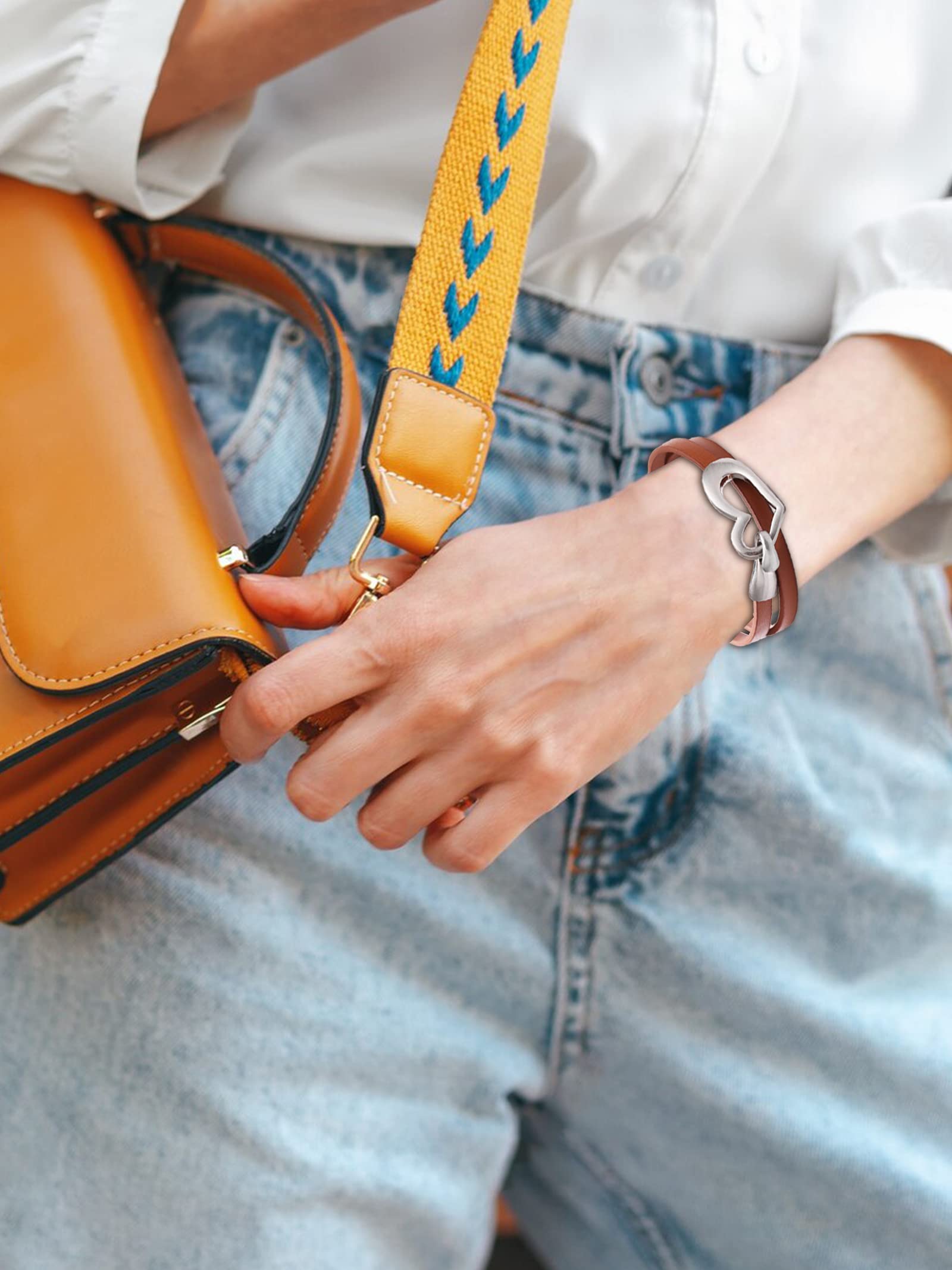 Heart Leather Bracelet for Women Stackable Wrap Cuff Bracelet Punk Leather Choker Necklace (brown)