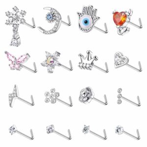 drperfect nose rings stud l shape nose rings, metal, cubic-zirconia