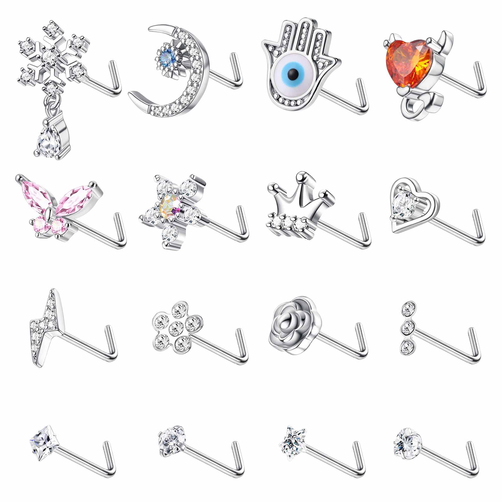 Drperfect Nose Rings Stud L Shape Nose Rings, Metal, cubic-zirconia