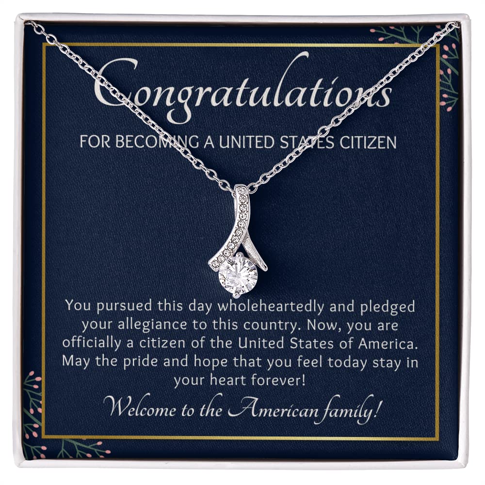 New US Citizen Gifts for Women, Ribbon Necklace Cubic Zirconia, Congratulations Citizenship New American Citizen, United States Citizen Gift, Immigrant (14K White Gold Finish)