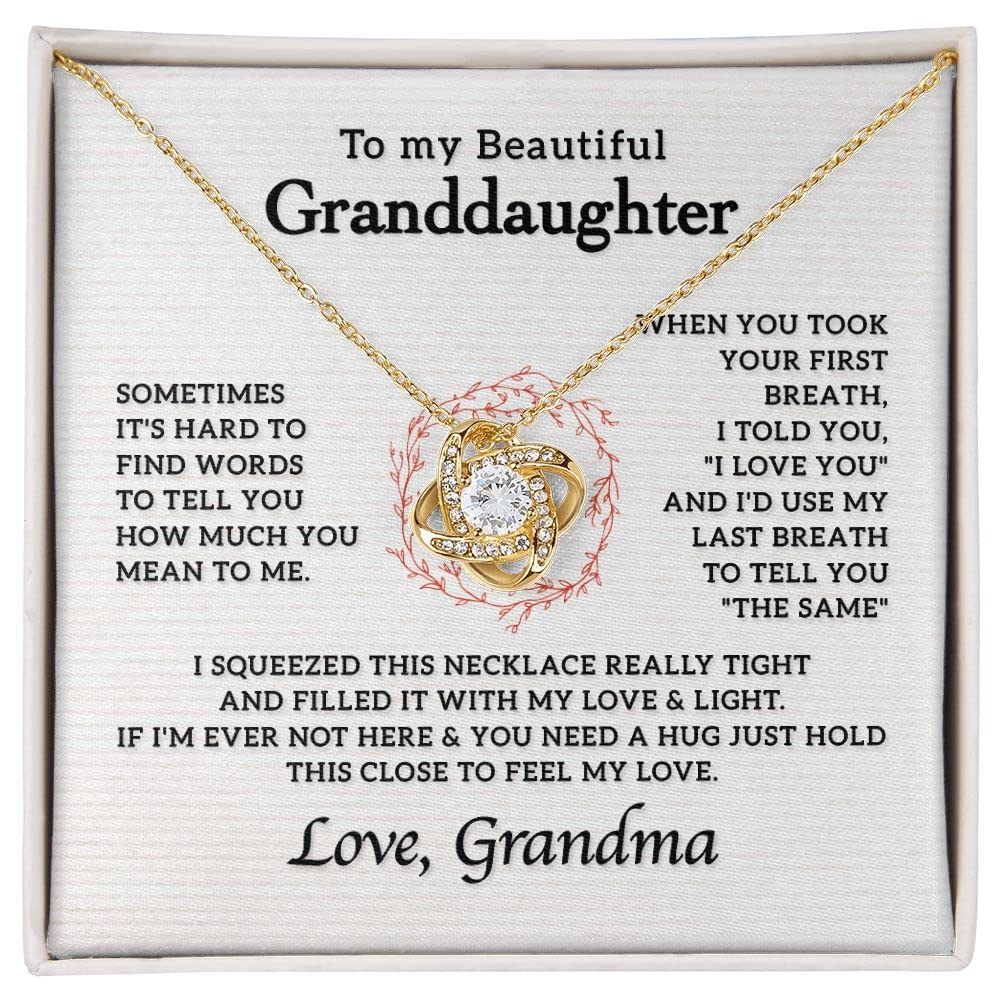 To My Granddaughter 18K Yellow Gold Finish Love Knot Necklace from Grandma, Birthday Wedding Graduation Gift From Grandmother, Lovely Message Card with Two Toned Box