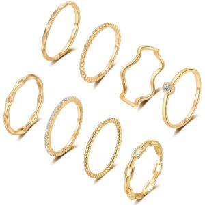 funeia 8pcs 14k gold plated stacking rings for women simple dainty silver stackable knuckle thumb rings set cubic zirconia thin plain band wedding promise eternity statement rings size 4-12