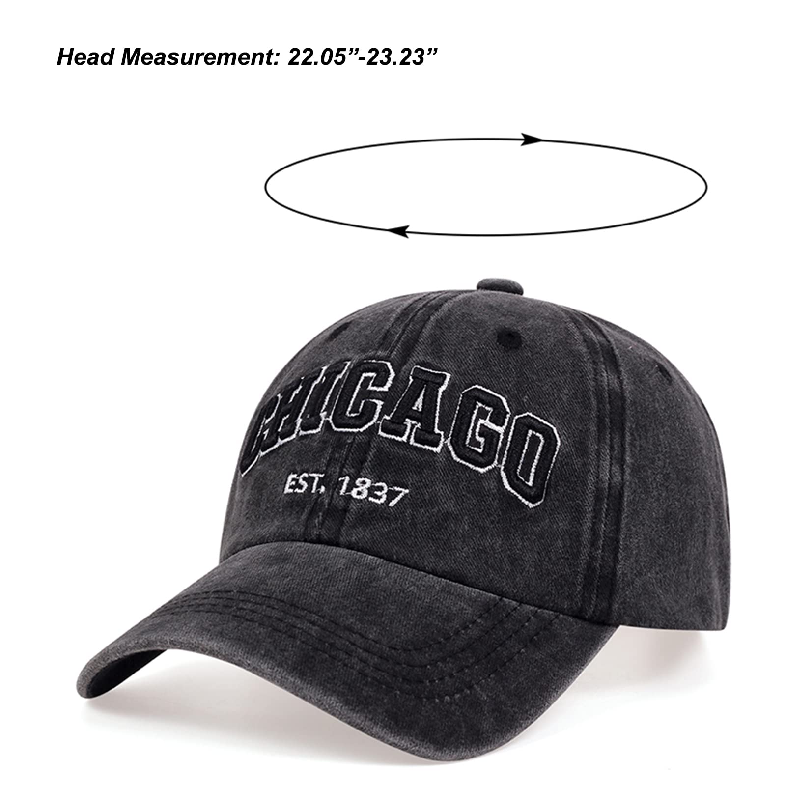 Chicago Hat for Men Women 3D Embroidery Vintage City Dad Hats Baseball Cap Black