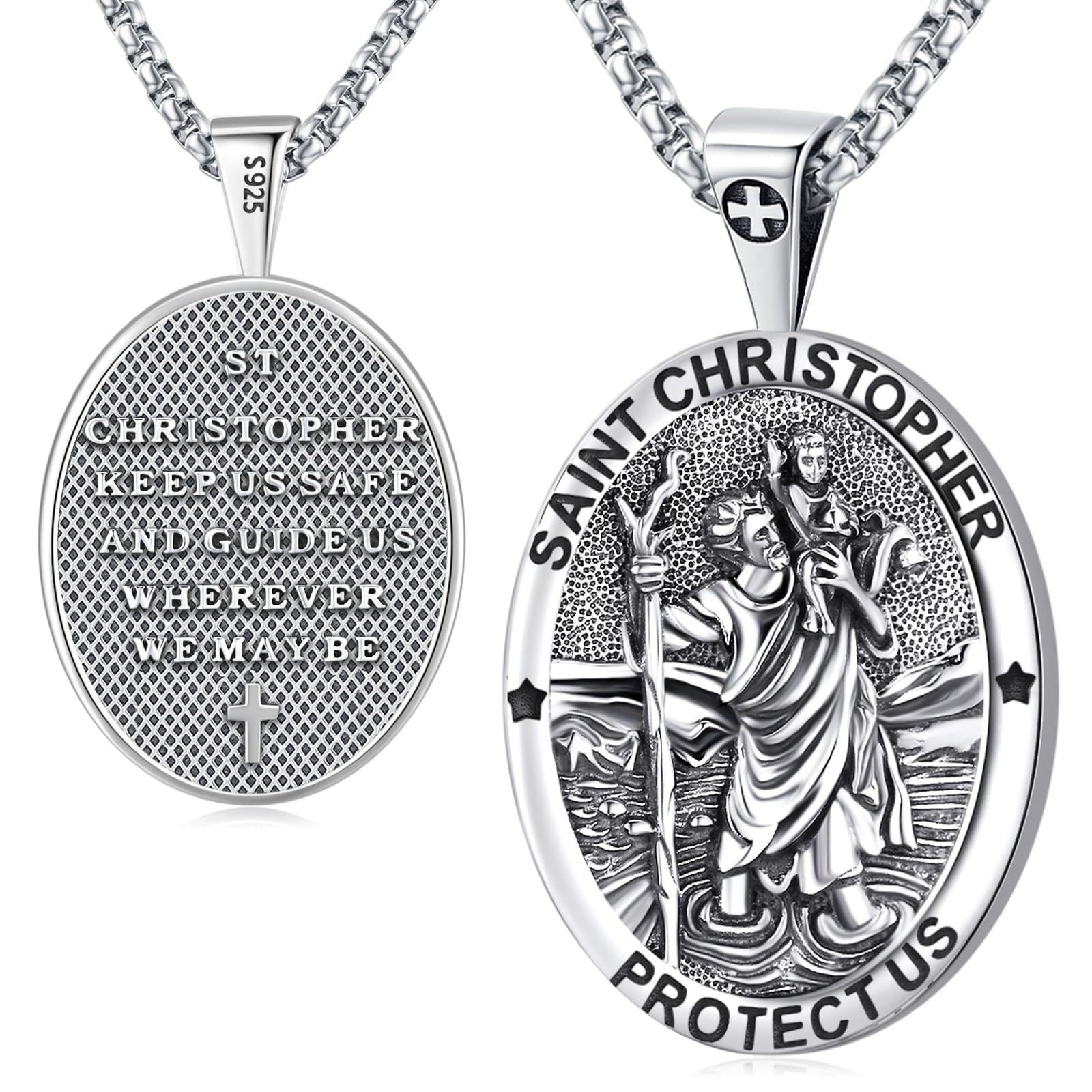 Eusense St Christopher Necklace for men saint christopher medal women female male st. christopher pendant Medallion Sterling Silver 925 oval