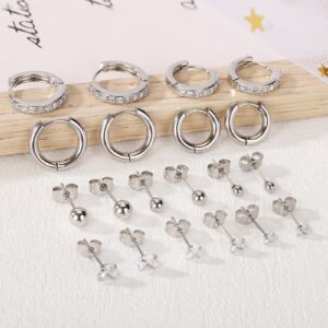 KANOUE 10 Pairs Silver Surgical Steel Earrings Sets for Multiple Piercing Lightweight Small Huggie Hoop Earrings CZ Stud Earrings for Women Trendy Cartilage Hypoallergenic