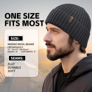 OUTDOOR SHAPING Merino Wool Beanie for Men & Women, Unisex Daily Cuffed Plain Knit Hat, Soft Warm Winter Hat, Black, One Size