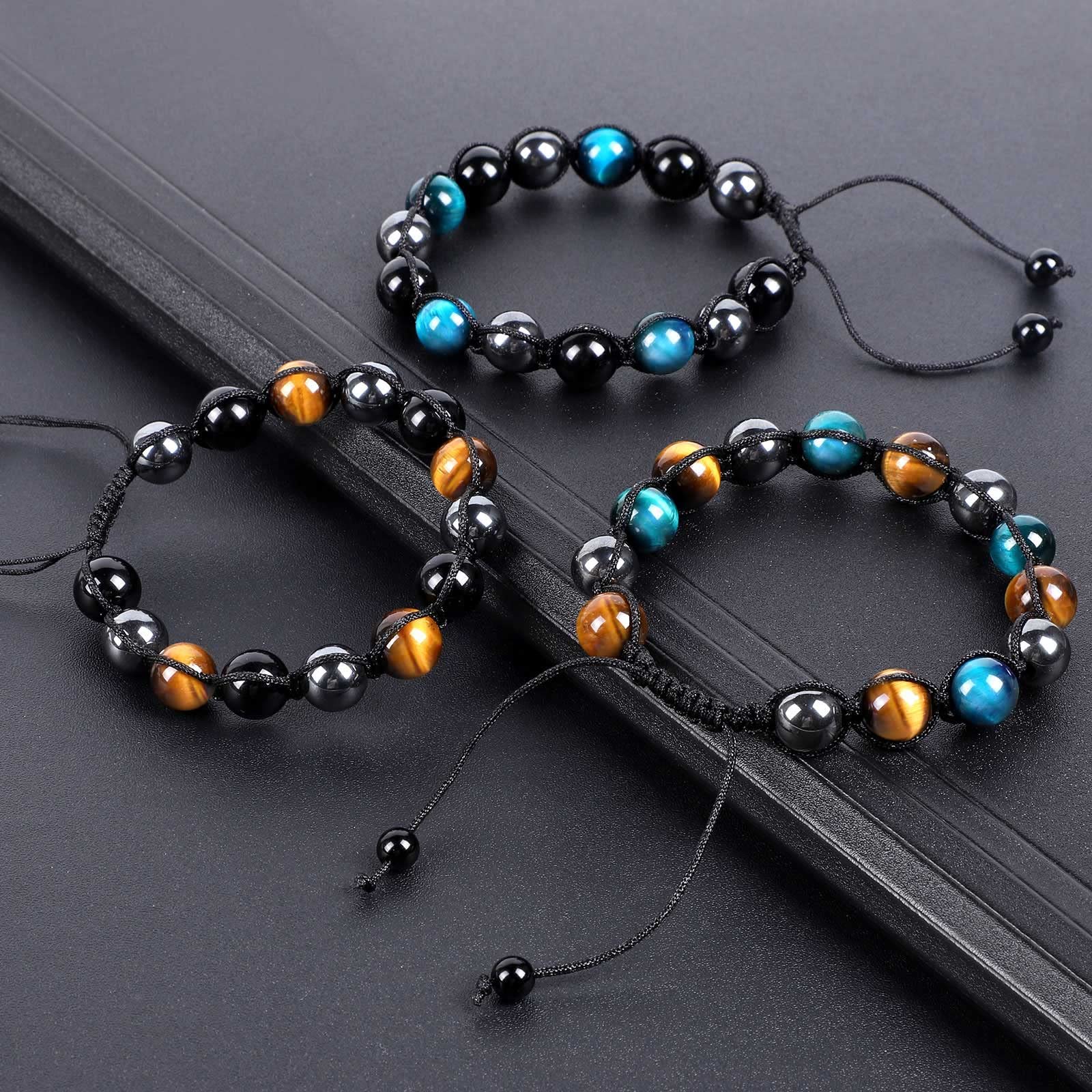 Enjoy Risingsun Tiger Eye Bracelet Women Men, Triple Protection Black Obsidian Hematite Tiger Eye Stone Bracelet 10mm Bead Crystal Gemstone Jewelry Bracelet