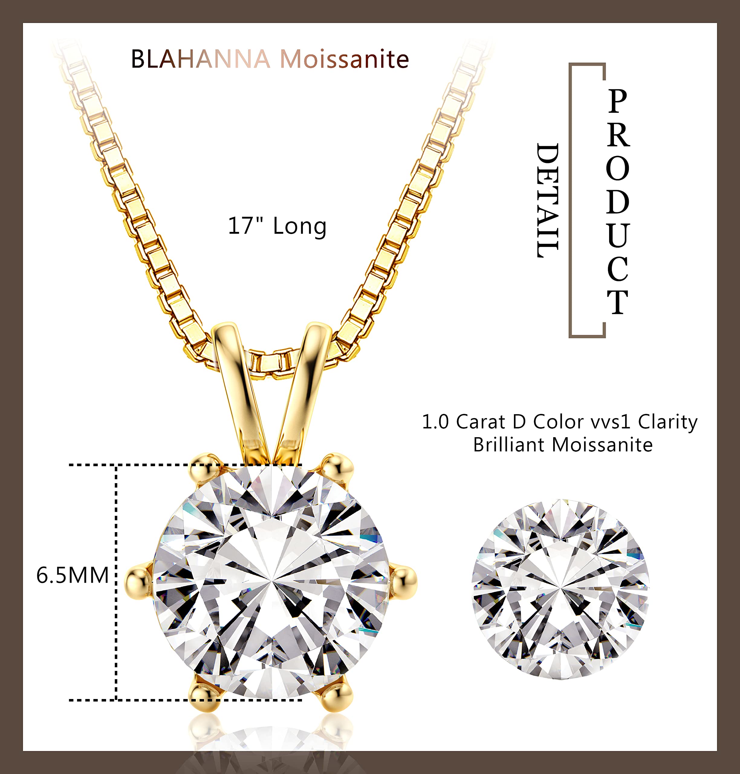 Blahanna Moissanite Pendant Necklace, 1CT 18K White Gold Plated Silver D Color Lab Diamond Necklace for Women