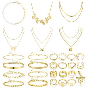 Sanfenly Gold Jewelry Sets for Women Gold Layered Necklaces Chain Bracelets Knuckle Rings Gold Jewelry for Valentine Anniversary Birthday Gift