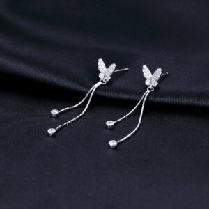 SLUYNZ Sterling Silver CZ Butterfly Pendant Tassel Earrings for Women Teen Girls Butterfly Long Drop Dangle Earrings Butterfly Drop Studs Earrings Tassel Chain (A-Silver)