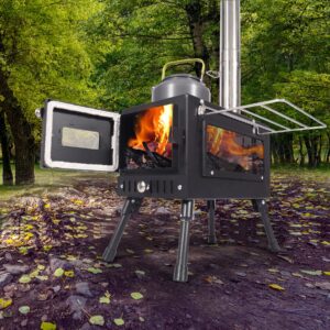 Lineslife Hot Tent Stove Wood Burning with Glass, Portable Camping Wood Stove with Windproof Chimney for Tent Shelter Outdoor Cooking Heating, Black