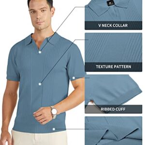 V VALANCH Vintage Shirts for Men Polo Shirt Short Sleeve Collared Knit Golf Polo Blue Shirt