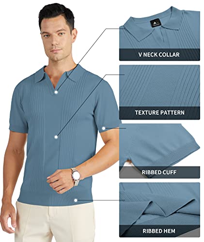 V VALANCH Vintage Shirts for Men Polo Shirt Short Sleeve Collared Knit Golf Polo Blue Shirt