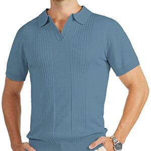 V VALANCH Vintage Shirts for Men Polo Shirt Short Sleeve Collared Knit Golf Polo Blue Shirt