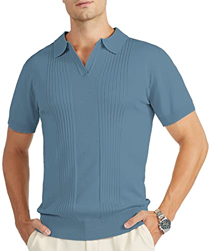 V VALANCH Vintage Shirts for Men Polo Shirt Short Sleeve Collared Knit Golf Polo Blue Shirt