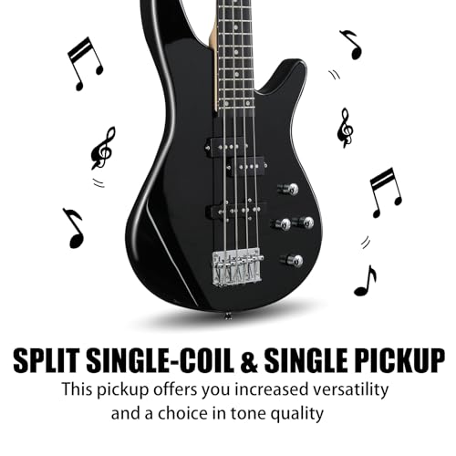 Ktaxon Electric Bass Guitar 4 String Bass Guitar with 20 Watt Amplifier, PJ Type Pickup, Naturally air-dried Maple Neck, Rosewood Fretboard, Basswood Body(Black)