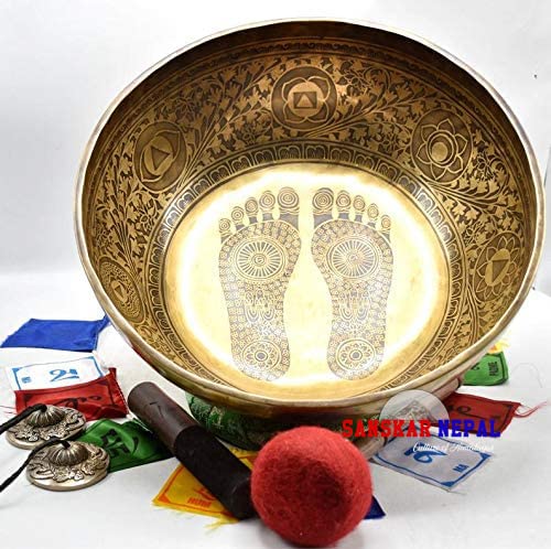 Large Singing Bowl - 16 Inches in Diameter - Buddha's Feet Etched by Artisans from Nepal - For Healing, Sound Bath, Yoga, Relaxation, and Meditation Gold