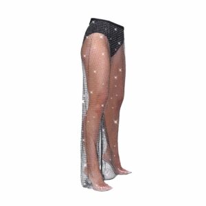 Wosois Mesh Fishnet Pants Black Rhinestone See Through Leggings Crystal Cover Up Rave Festival Nightclub Party Summer Beach Clubwear Body Accessories Jewelry for Women and Girls (110cm)