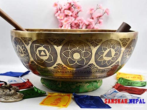 Large Singing Bowl - 16 Inches in Diameter - Buddha's Feet Etched by Artisans from Nepal - For Healing, Sound Bath, Yoga, Relaxation, and Meditation Gold