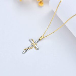 SISGEM Real Gold Diamond Cross Necklace for Women,10K Yellow/White Gold Religious Cross Pendant Necklace Genuine Diamond Cross Jewelry Gifts for Birthday Christmas 16+1+1 inch