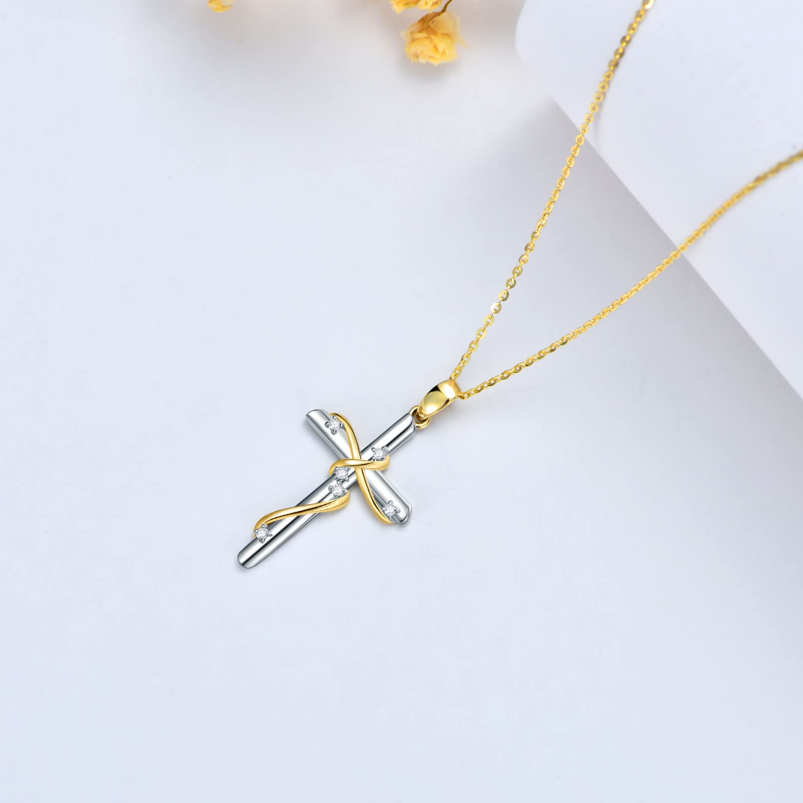 SISGEM Real Gold Diamond Cross Necklace for Women,10K Yellow/White Gold Religious Cross Pendant Necklace Genuine Diamond Cross Jewelry Gifts for Birthday Christmas 16+1+1 inch