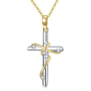 SISGEM Real Gold Diamond Cross Necklace for Women,10K Yellow/White Gold Religious Cross Pendant Necklace Genuine Diamond Cross Jewelry Gifts for Birthday Christmas 16+1+1 inch