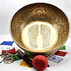 large singing bowl - 16 inches in diameter - buddha's feet etched by artisans from nepal - for healing, sound bath, yoga, relaxation, and meditation gold