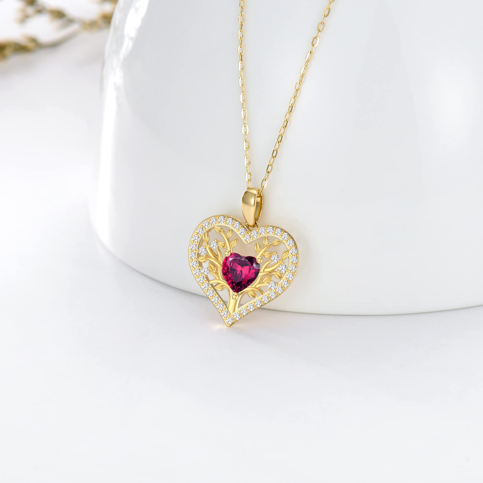 SISGEM 14K Real Gold Tree of Life Necklace for Women,Yellow Gold Family Tree Pendant Necklace Garnet Heart Jewerly Gifts for Birthday Christmas 16+1+1 inch