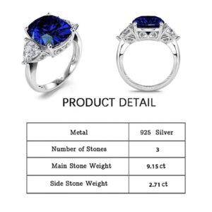 Jeulia Cushion Cut Gemstone Three Stone Ring: Sterling Silver Blue Simulated Sapphire Women's Engagement Ring Wedding Anniversary Christmas Birthday with Jewelry Gift Box (Sapphire, 8)