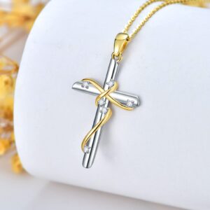 SISGEM Real Gold Diamond Cross Necklace for Women,10K Yellow/White Gold Religious Cross Pendant Necklace Genuine Diamond Cross Jewelry Gifts for Birthday Christmas 16+1+1 inch