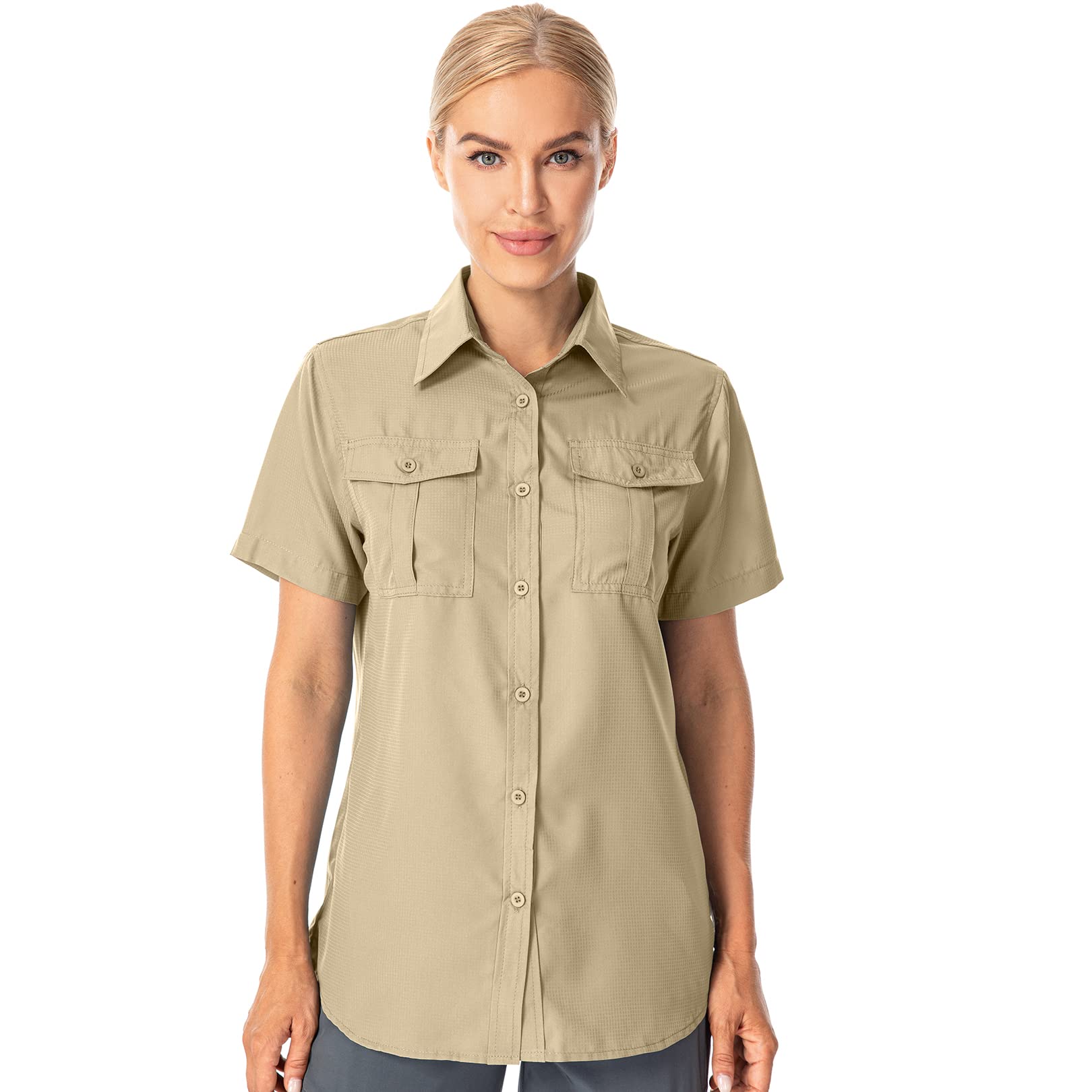 Women's Button Down Shirts UPF 50+ Short Sleeve Sun Protection Shirts Stretch Quick Dry Shirt for Fishing, Hiking, Travel (5075,Khaki,L)