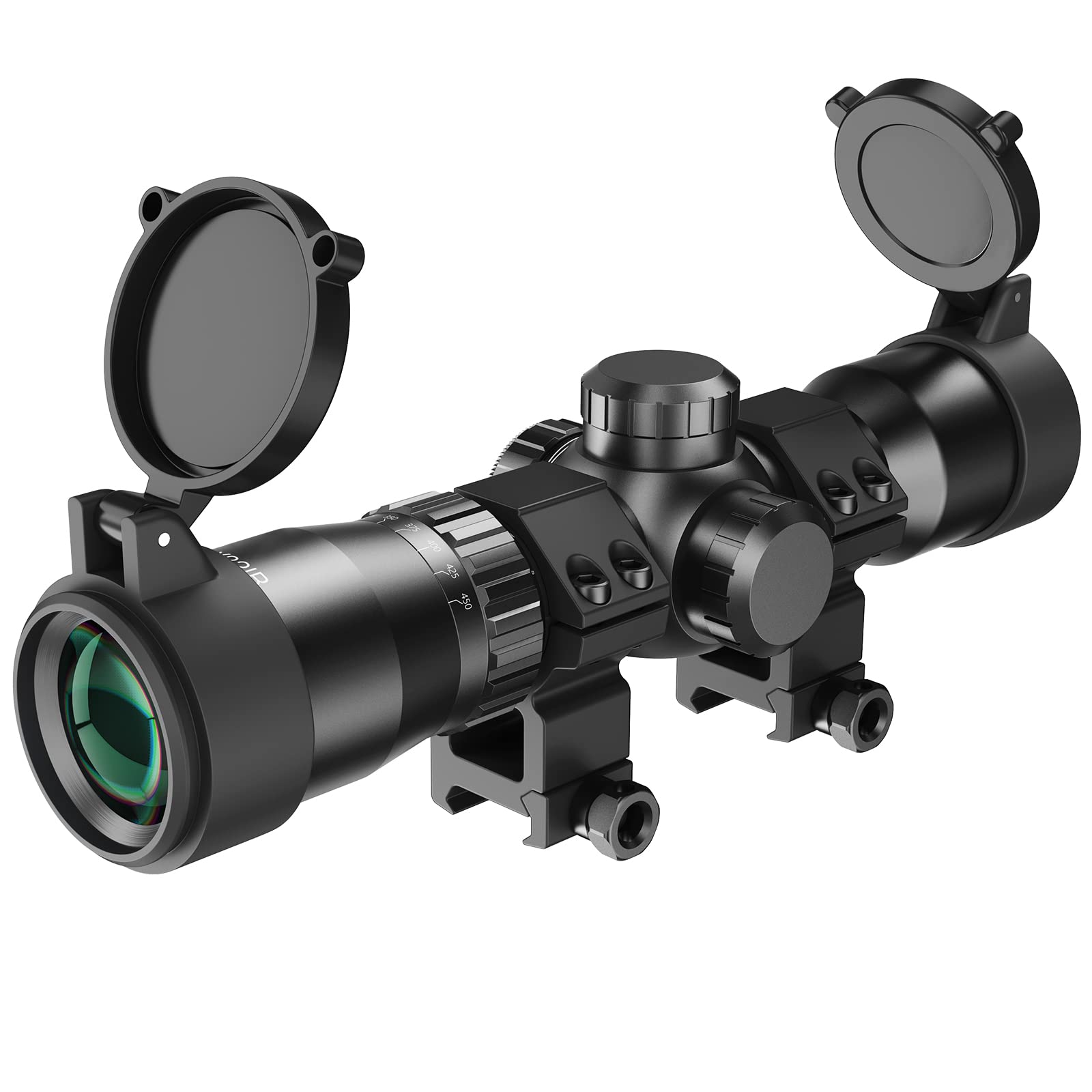 Paike 1.5-5x32 Crossbow Scope with Rangefinder Reticle, 20-100 Yards Ballistic Reticle, 300-450FPS Speed Adjustment Crossbow Scopes, Red Green Illuminated Optics Scope