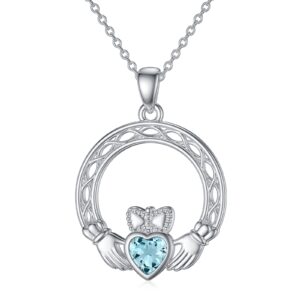 LONAGO Claddagh Necklace with Simulated Birthstone 925 Sterling Silver Irish Hands Holding Crown Celtic Knot Love Heart Pendant Jewelry for Women (3)