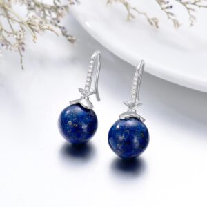 Silwan Silver Lapis Lazuli Dangle Earrings, S925 Sterling Silver 10mm Round Spherical Ball Lapis Bead Drop Earrings, Cubic Zircon Dangle Jewelry for Women Girls