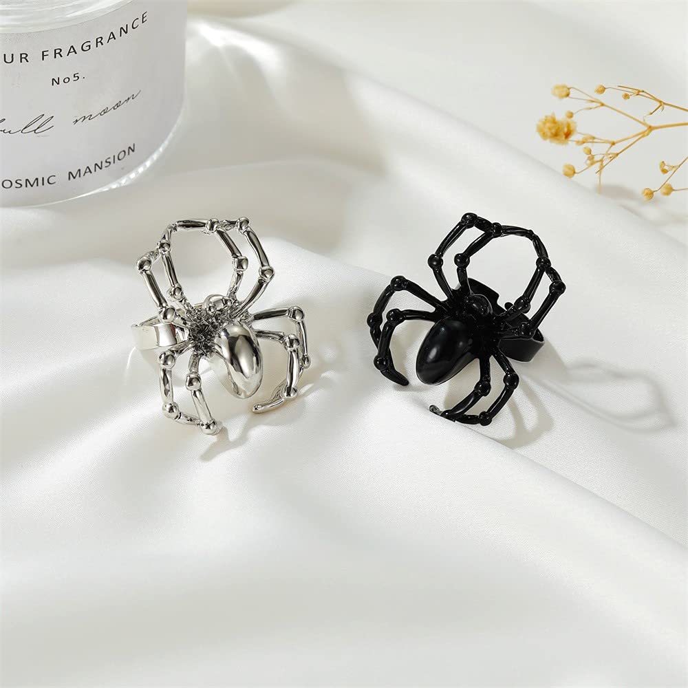 2 Pcs Spider Finger Rings Black and White Spider Couple Matching Rings Open Statement Rings Arachnid Ring Wrap Finger Band Adjustable Fahion Halloween Costume Party Gifts for Women Men