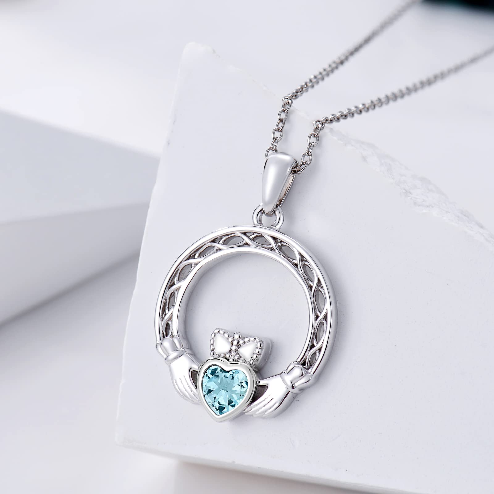 LONAGO Claddagh Necklace with Simulated Birthstone 925 Sterling Silver Irish Hands Holding Crown Celtic Knot Love Heart Pendant Jewelry for Women (3)