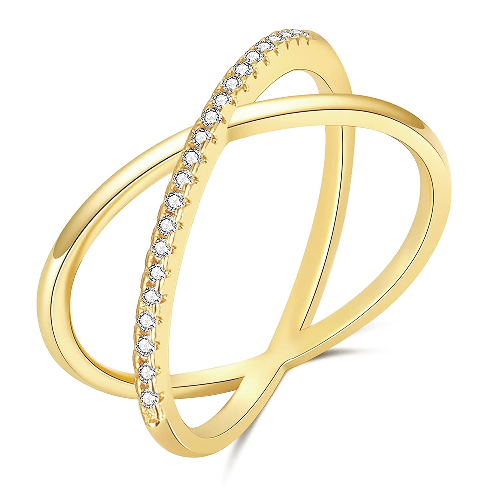 TIGRADE 14 K Gold Plated Stacking Ring X Shaped Criss Cross Ring CZ Pave Double Band Eternity Ring for Women, Gold, Size 6